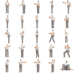The man with beard wearinggray corduroy pants and white collar t-shirt is expression of body or doing exercise. 3d rendering of cartoon character in acting.
