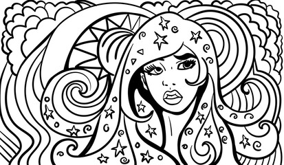 Black and white psychedelic line art with the abstract woman. Doodles and lines abstract hand-drawn vector art.