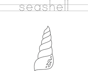 Trace the letters and color cartoon sea shell. Handwriting practice for kids.