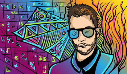 Fototapeta na wymiar Colourful psychedelic line art with the abstract man.