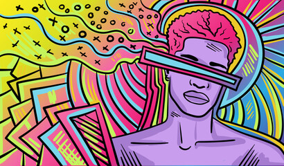 Colourful psychedelic line art with the abstract man.