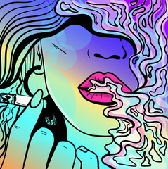 Colourful psychedelic line art with the abstract smoking woman. Cigarette illustration. Doodles and lines abstract hand-drawn vector art.