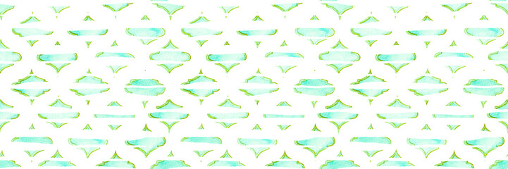 Quatrefoil Seamless Pattern for Header. Green and Teal Damask Print. Geometric Morrocan Tile. Lattice Marrakesh Watercolor Header. Rhombus Majolica Background. Barbed Watercolour Trellis.
