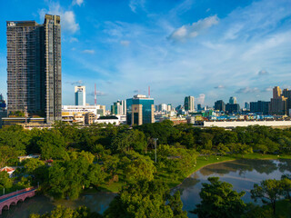 Aerial view city public park blue sky evening sunset Chatuchak park