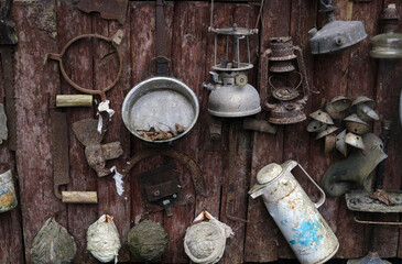 old, iron houseware, pan, pottery, building repair materials.turkey