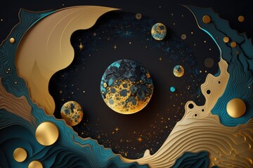 Abstract cosmic background with inlay of marbled textures and gold metallic foil. Sacred geometry with a starry, planetary, and cosmic theme. wallpaper depicting the moon. Generative AI