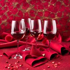 Glasses of red wine and red roses. Perfect for romance. 