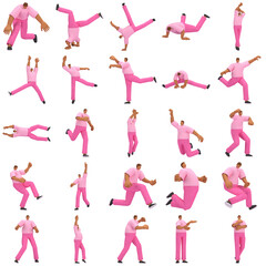 The black man with pink clothes is expression of body or doing exercise. 3d rendering of cartoon character in acting.