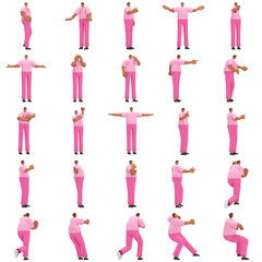 The black man with pink clothes is expression of body or doing exercise. 3d rendering of cartoon character in acting.