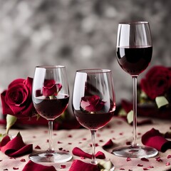 Glasses of red wine and red roses. Perfect for romance.