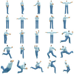 The man   wearing jeans and  long shirt is expression of body or doing exercise. 3d rendering of cartoon character in acting.