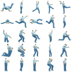 The man   wearing jeans and  long shirt is expression of body or doing exercise. 3d rendering of cartoon character in acting.