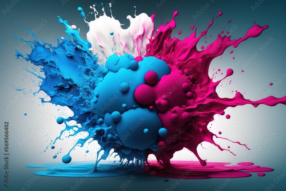 Poster blue and magenta color in the water exploding. generative ai