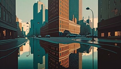  a painting of a city with tall buildings and a reflection in the water of the street and the street lights on the side of the road. Generative AI