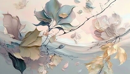  a painting of flowers and leaves on a white wall with blue and pink paint on the wall and a branch with leaves on the wall. Generative AI