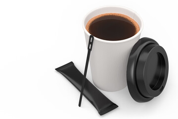 Paper coffee cup with cover, sugar, coffee bean and stick for americano espresso