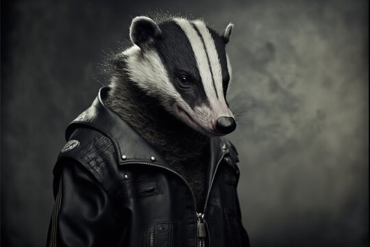Created with Generative AI technology. Profile shot of an animal punk rocker. badger as a music rock fan