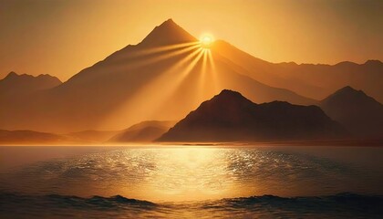  a painting of a mountain with a sunbeam in the middle of the mountain and a body of water in front of it with a body of water in the foreground. Generative AI