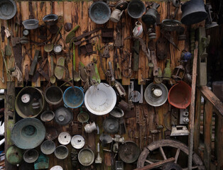 old, iron houseware, pan, pottery, building repair materials.turkey