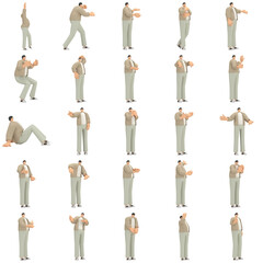 A man with glasses wearing brown cloth is expression of body or doing exercise. 3d rendering of cartoon character in acting.
