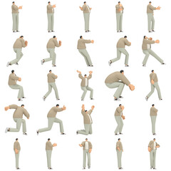 A man with glasses wearing brown cloth is expression of body or doing exercise. 3d rendering of cartoon character in acting.