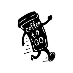 Coffee cup. Hand drawn text coffee to go. Illustration for a cafe, menu, poster, logo.
