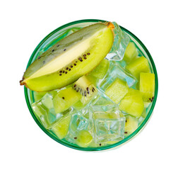 Closeup top view green Kiwi cocktail Island Bliss in green transparent glass isolated on white.