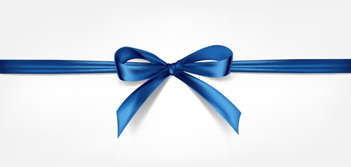 Satin decorative blue bow with horizontal ribbon isolated on white background. Vector blue bow and ribbon - 569567423
