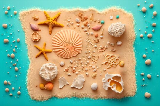 An illustration of sea sand with shells, sea wallpaper. Generative AI.