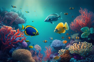 Fototapeta na wymiar illustration of underwater sea colorful tropical fish in the coral reef, Generative AI