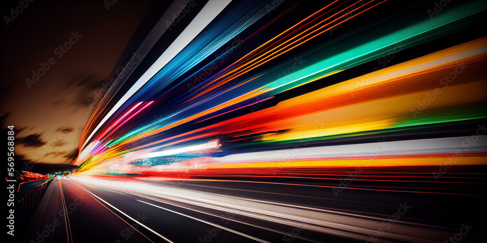 Poster abstract long exposure dynamic speed light trails in an urban environment. generative ai