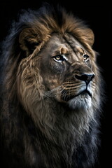 Dramatic portrait of a lion on a dark background, generative AI