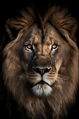 Plakat Dramatic portrait of a lion on a dark background, generative AI