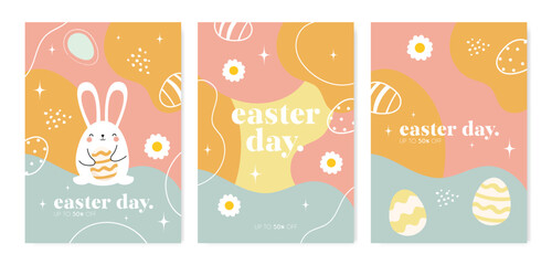 Vector hand drawn easter poster set. Happy easter. Easter bunnies and eggs. Modern banner. For postcard, website, advertising banner.
