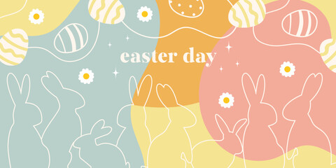 Vector hand drawn horizontal easter banner. Happy Easter day. Easter bunnies and eggs. Modern banner. For postcard, website, advertising banner.