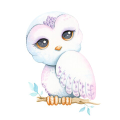 Cute owl in pastel colors. Watercolor illustration.