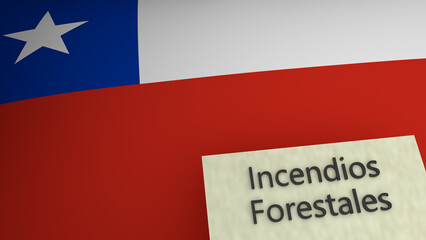 Forest fire text representation above the flag of Chile. 3d render.