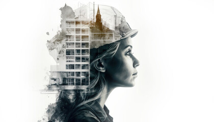 Double exposure female architect and building construction. Generative AI illustration.