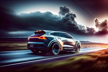 illustration of Electric SUV driving on the highway,generative ai content by Midjourney