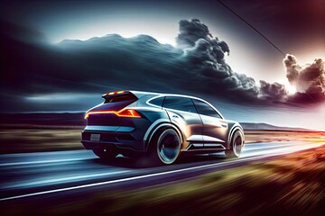 Obraz na płótnie Canvas illustration of Electric SUV driving on the highway,generative ai content by Midjourney