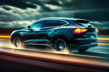 Obraz na płótnie Canvas illustration of Electric SUV driving on the highway,generative ai content by Midjourney