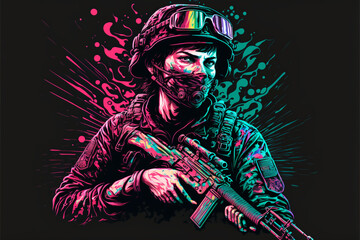 Fototapeta na wymiar illustrations of female soldier, gamer, all well colored, rgb. ideal for frames, design and t-shirt print, generative ai
