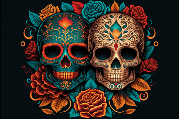 mexican skull illustrations, all well colored, rgb. ideal for frames, design and t-shirt print, generative ai