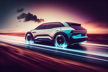 Plakat illustration of Electric SUV driving on the highway,generative ai content by Midjourney