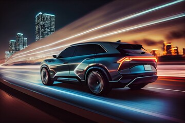 illustration of Electric SUV driving in urban,generative ai content by Midjourney