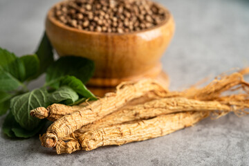 Ginseng, dried vegetable herb. Healthy food famous export food in Korea country.