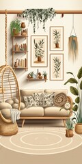 Boho and cozy interior of living room with design beige sofa, pillows, mock up poster frames, rattan coffee tables, plants, bamboo ladder, decoration and personal accessories. Home decor. Template