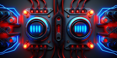 fond avec bouton et câbles électriques, abstrait, format panoramique, bleu et rouge - illustration IA