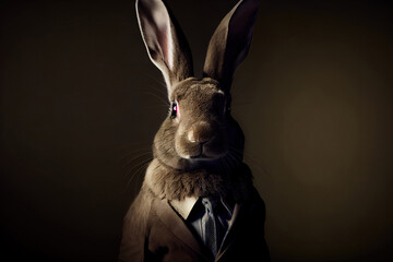 Portrait of a rabbit in elegant business suit outfit. Serious boss concept.  
Digitally generated AI image.