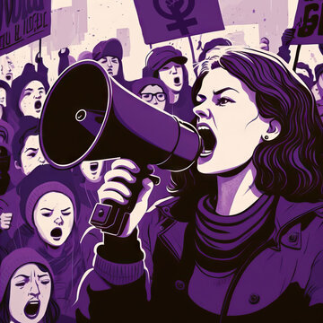 Woman with loudspeaker near crowd of protesters